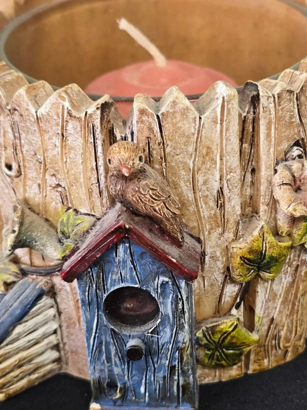 Birdhouse Themed Votive Candle Holder & Insert Rustic Tree Log Homespun Country
